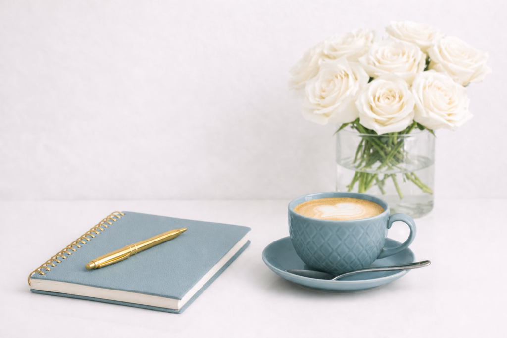 Minimalist workspace scene featuring a blue notebook, gold pen, and matching coffee cup beside a vase of white roses on a clean desk, styled in soft neutral and pastel tones, representing calm, organised productivity and professional virtual assistant services in the UK.