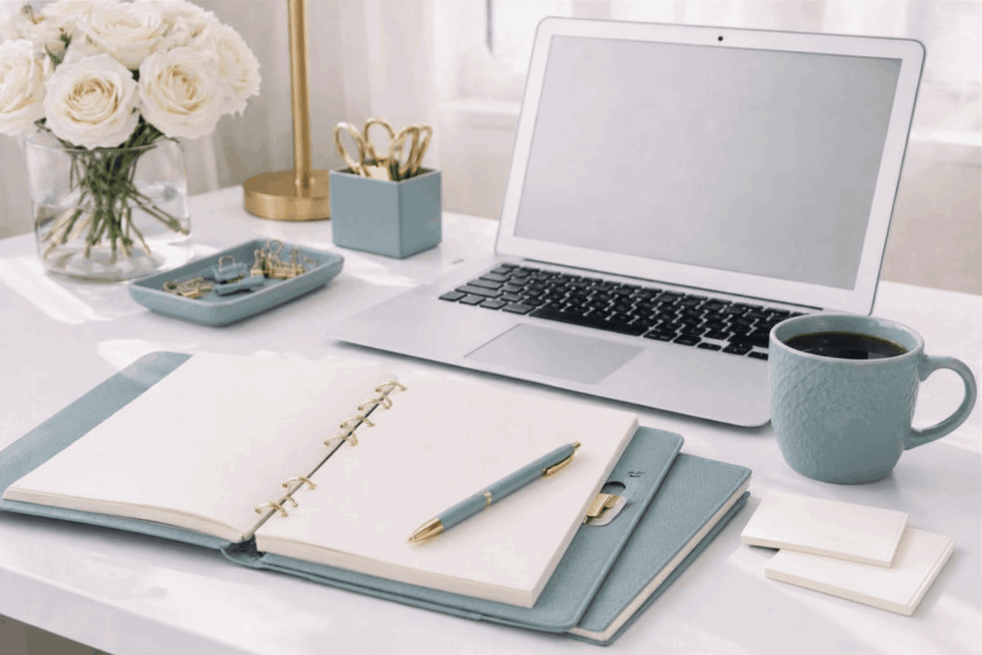 A clean, minimalist workspace with a soft pastel aesthetic. A laptop sits on a white desk alongside a notebook, pen, and stationery in coordinated muted blue and gold tones. A vase of white roses adds a calm, elegant touch, creating an organised and serene work environment.