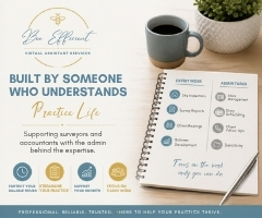 Bee Efficient Virtual Assistant Services graphic for surveyors and accountants showing billable client work versus administrative tasks, created by a former MRICS surveyor.